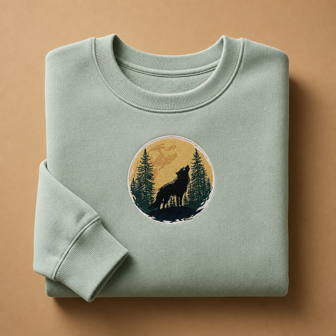 Mystic Forest Wolf Machine Embroidered Sweatshirt – Hand Finished in Dubai | EmbroMania