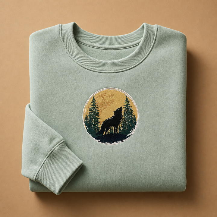 Mystic Forest Wolf Machine Embroidered Sweatshirt – Hand Finished in Dubai | EmbroMania