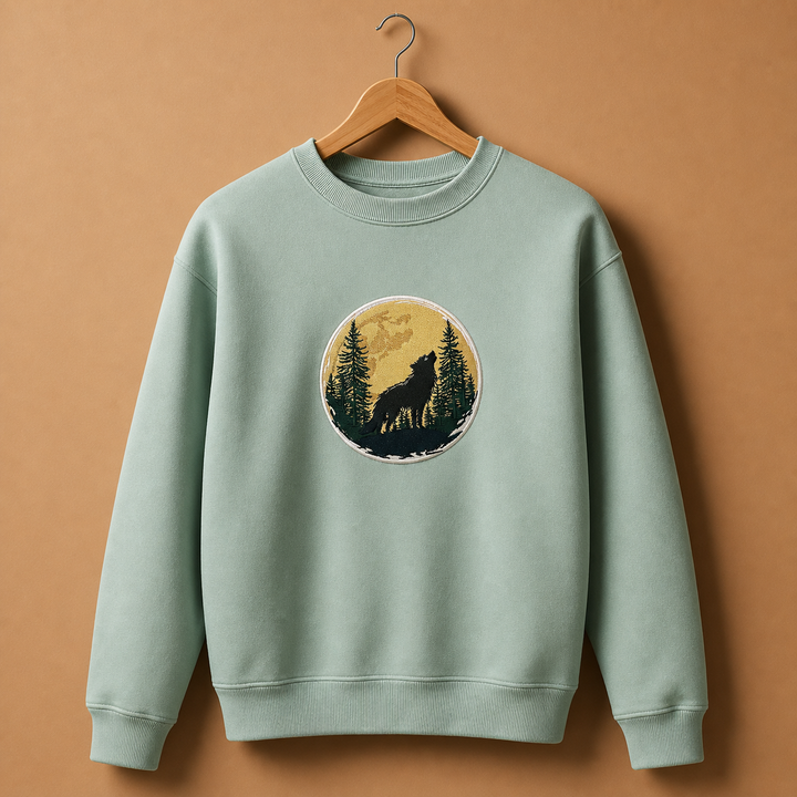Mystic Forest Wolf Machine Embroidered Sweatshirt – Hand Finished in Dubai | EmbroMania
