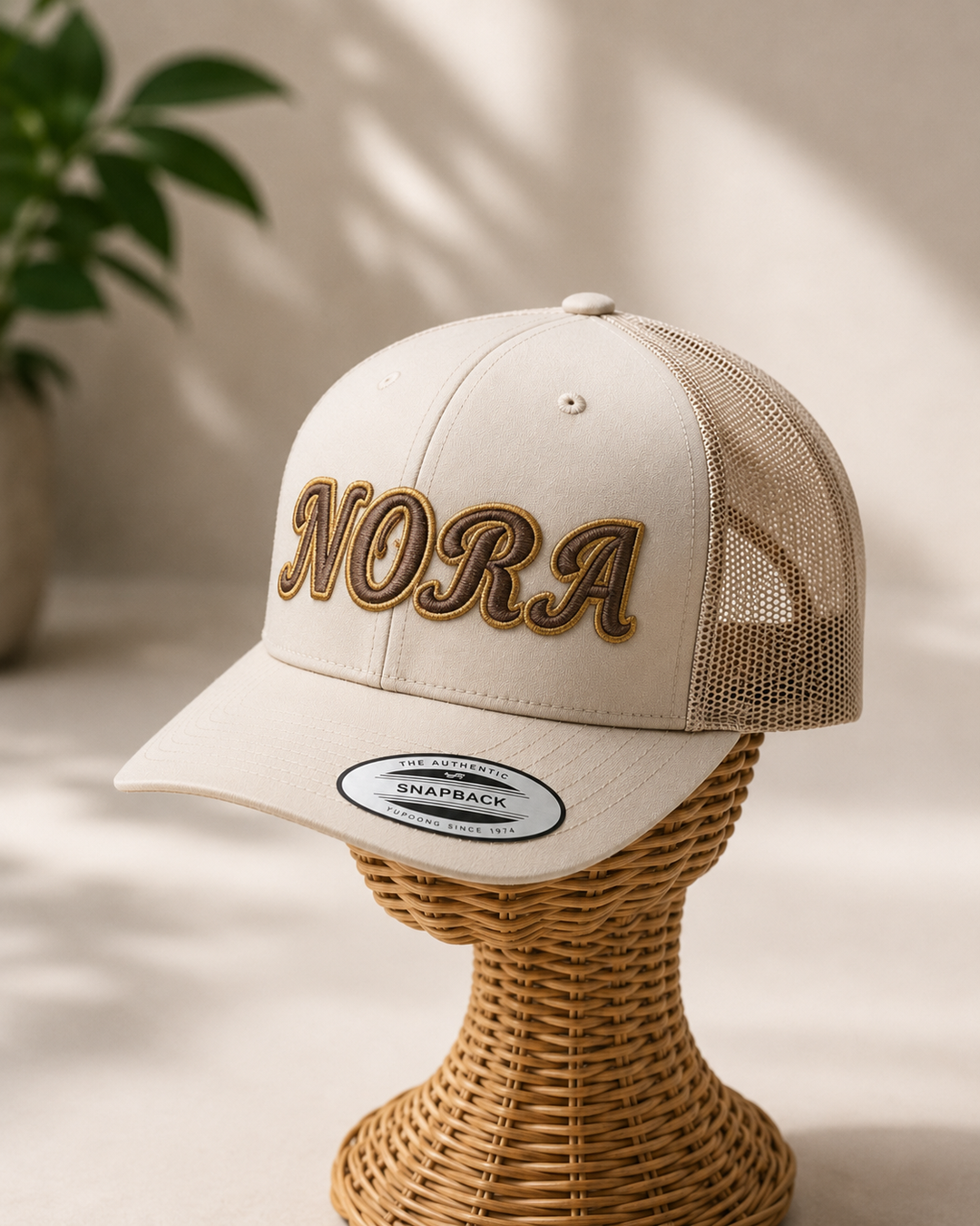 🟤🟡 Driftwood Gold – Monarch Script 3D Puff · Driftwood fill · Gold outline · Beige Retro Trucker | Hand Finished in Dubai | EmbroMania