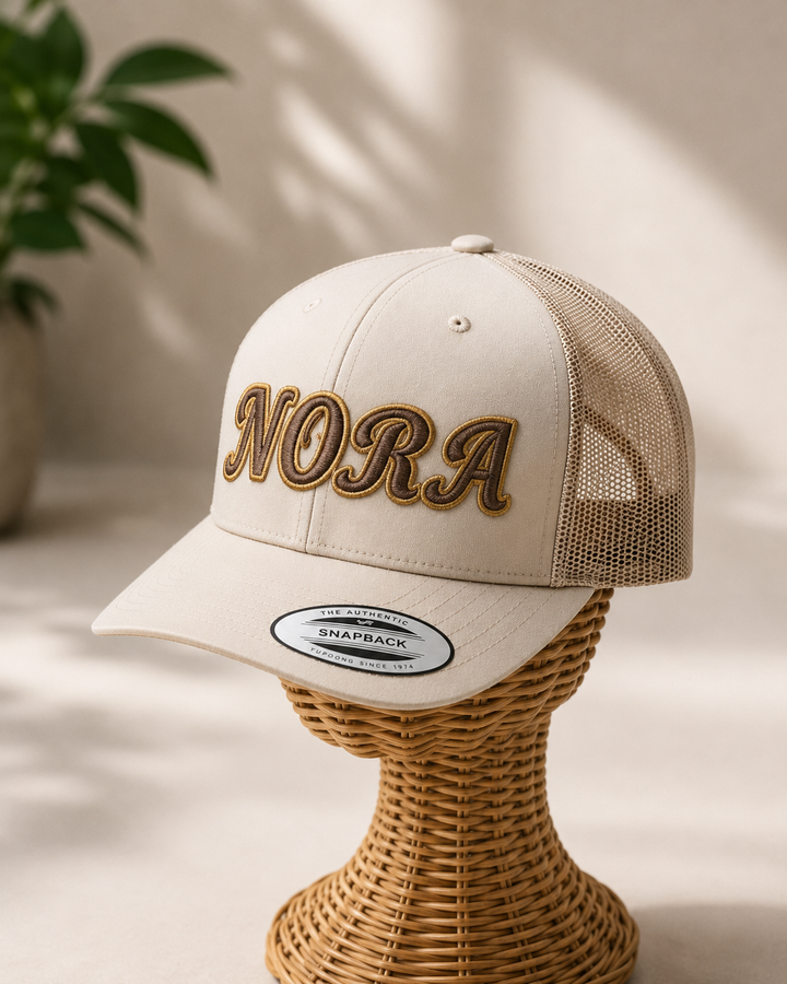 🟤🟡 Driftwood Gold – Monarch Script 3D Puff · Driftwood fill · Gold outline · Beige Retro Trucker | Hand Finished in Dubai | EmbroMania