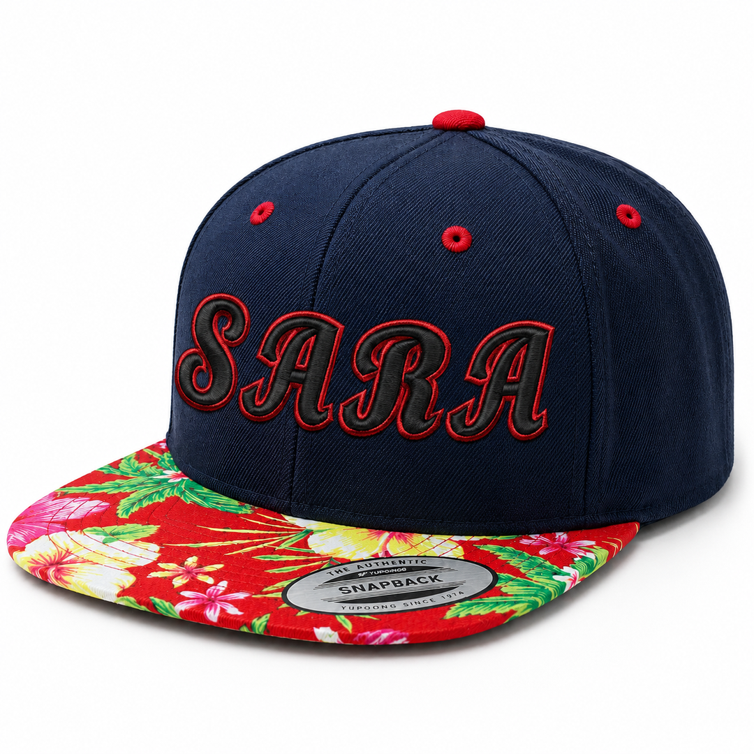 🔴⚫ Ember Shadow – Monarch Script 3D Puff · Red fill · Black outline · Navy Floral Brim Snapback | Hand Finished in Dubai | EmbroMania