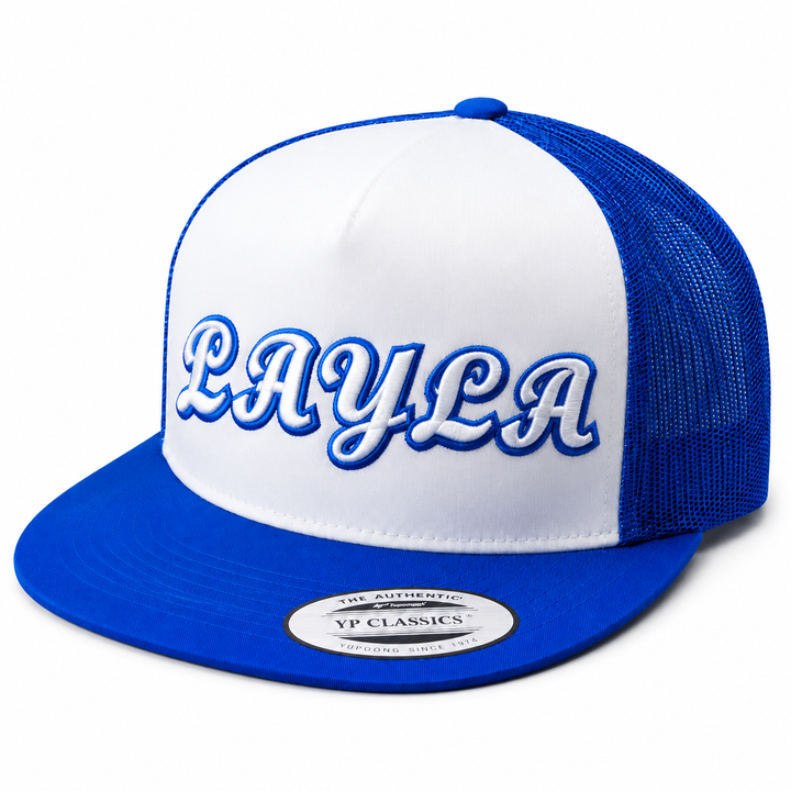 ⚪🔵 Frost Abyss – Monarch Script 3D Puff · White fill · Royal Blue outline · White/Royal Blue Trucker | Hand Finished in Dubai | EmbroMania