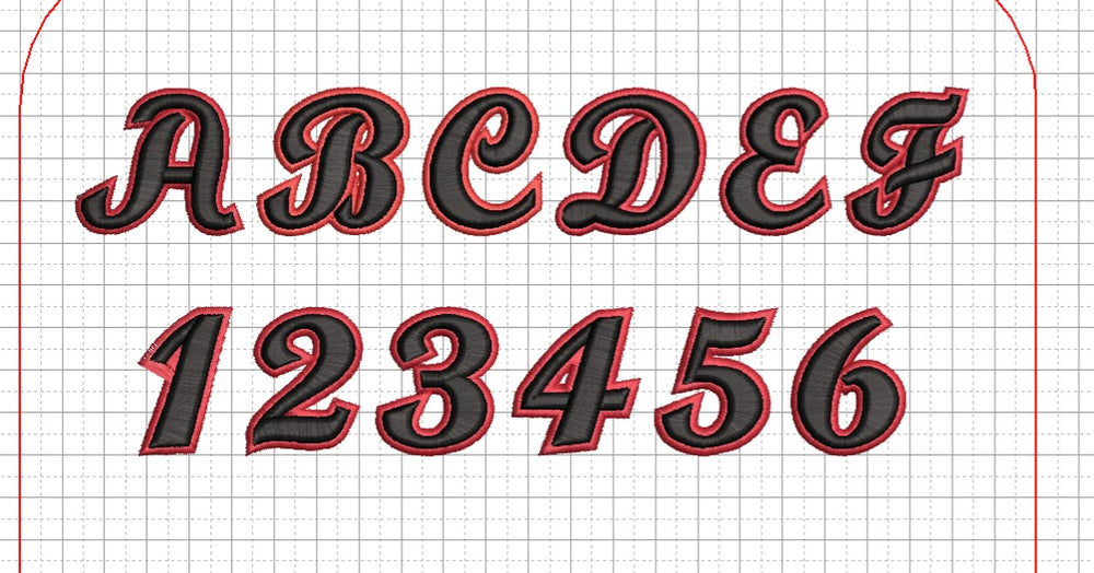 Monarch Script 3D Puff – Full Alphabet A–Z & Numbers · Bold Italic Two-Colour Embroidery Font Reference Sheet | Hand Finished in Dubai | EmbroMania
