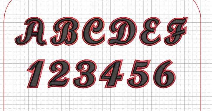 Monarch Script 3D Puff – Full Alphabet A–Z &amp; Numbers · Bold Italic Two-Colour Embroidery Font Reference Sheet | Hand Finished in Dubai | EmbroMania