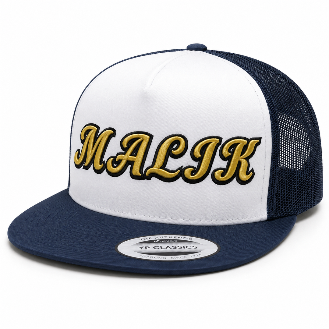 🟡⚫ Gold Rush – Monarch Script 3D Puff · Gold fill · Black outline · White/Navy Two-Tone Trucker | Hand Finished in Dubai | EmbroMania