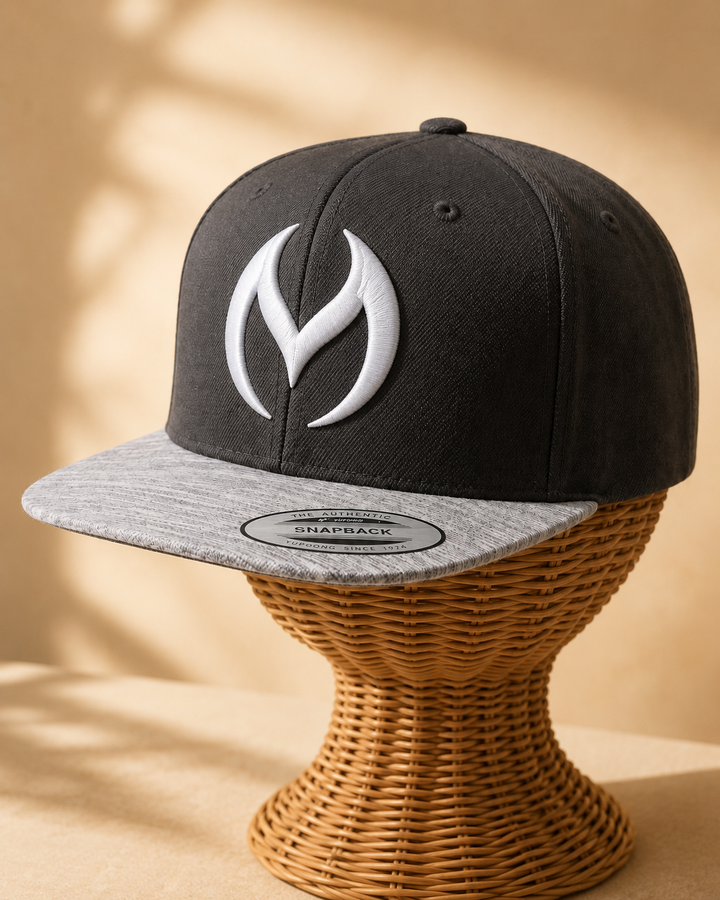 ⚡🌫️ Ash Sigil – Obsidian Vortex · White 3D puff · Charcoal &amp; Heather Grey Snapback | Hand Finished in Dubai | EmbroMania