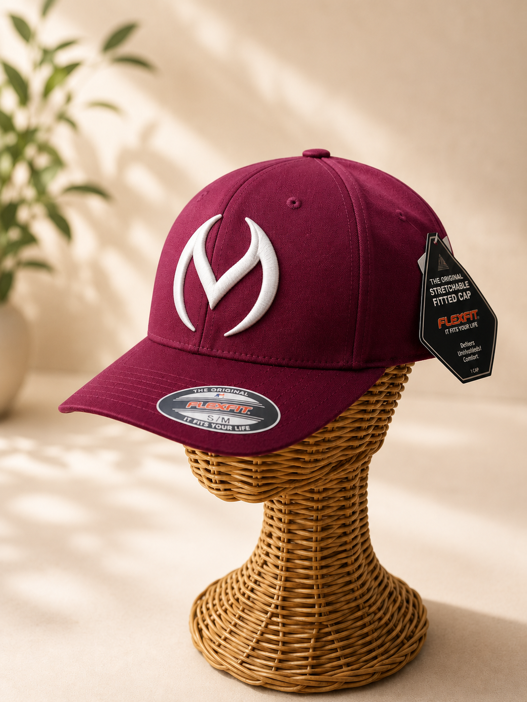 🍷🔥 Crimson Sigil – Obsidian Vortex · White 3D puff · Burgundy Flexfit Curved | Hand Finished in Dubai | EmbroMania