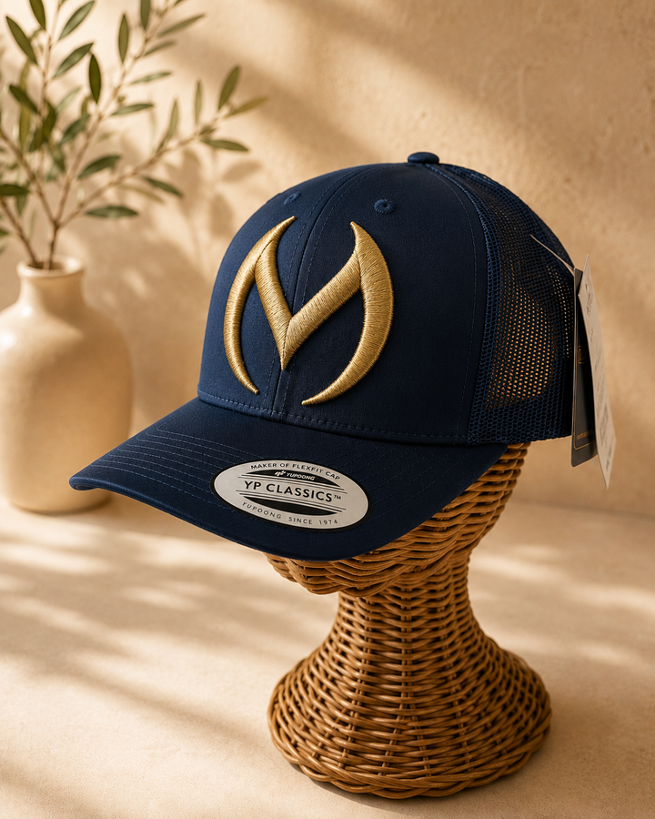 🌊🔥 Deep Ember – Obsidian Vortex · Gold 3D puff · Dark Navy Curved Trucker | Hand Finished in Dubai | EmbroMania