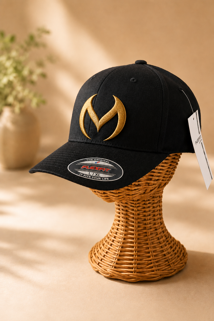 🔥🖤 Ember Ghost – Obsidian Vortex · Gold 3D puff · Black Solid Flexfit | Hand Finished in Dubai | EmbroMania