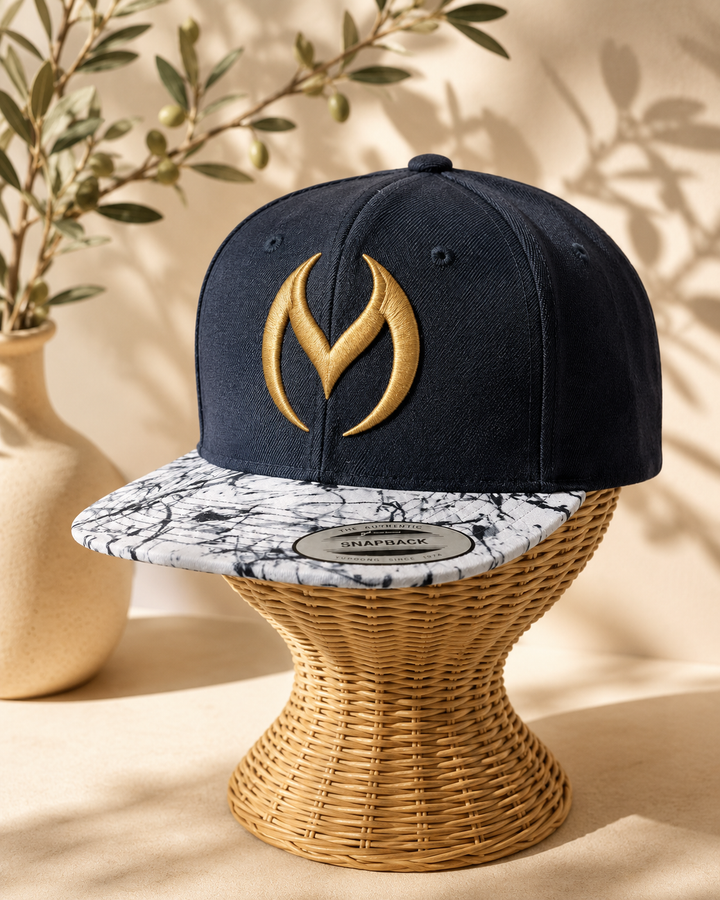 🌊✨ Marble Sigil – Obsidian Vortex · Gold 3D puff · Navy Crown &amp; Marble Brim Snapback | Hand Finished in Dubai | EmbroMania