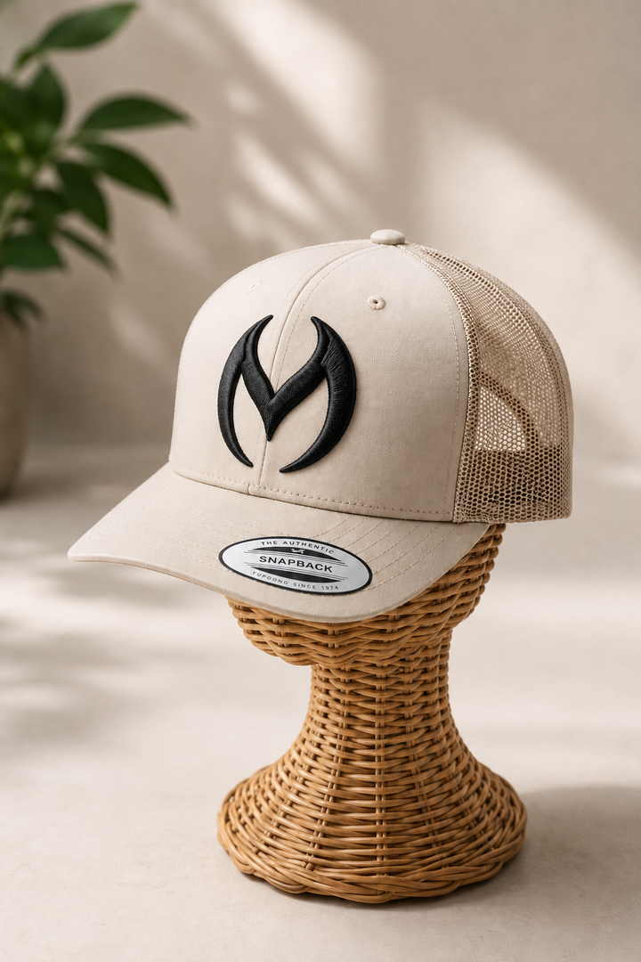 🏜️🖤 Sand Sigil – Obsidian Vortex · Black 3D puff · Sand Beige Retro Trucker | Hand Finished in Dubai | EmbroMania
