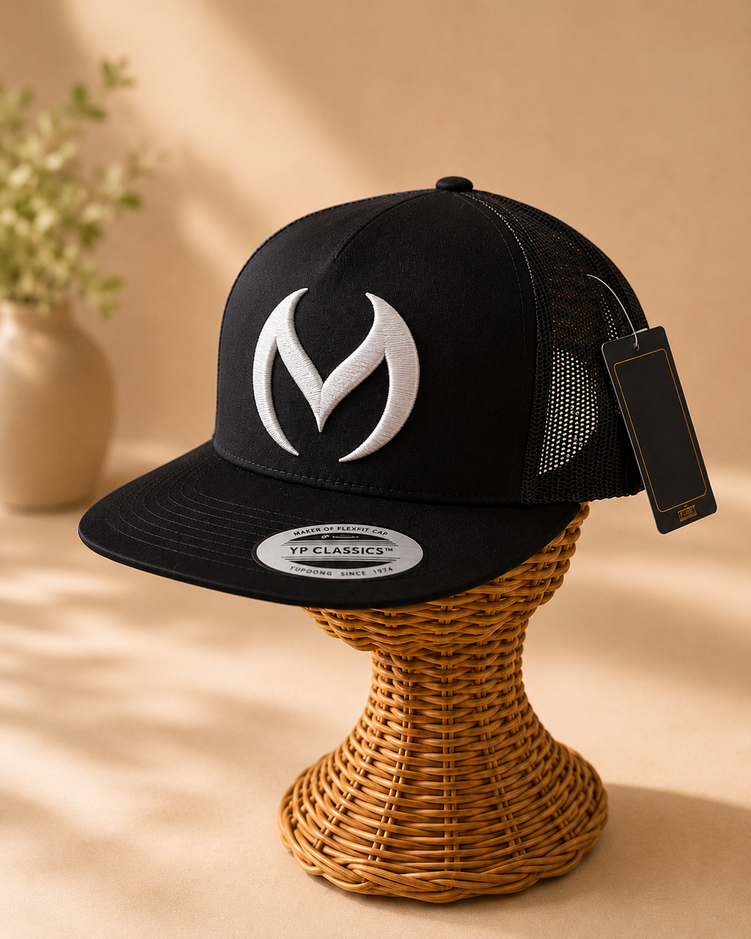 🖤⚡ Smoke Signal – Obsidian Vortex · White 3D puff · Black Flat Trucker | Hand Finished in Dubai | EmbroMania