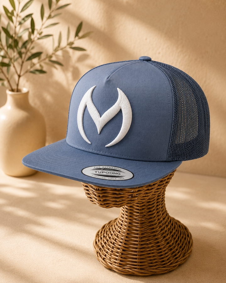 🌫️⚡ Steel Sigil – Obsidian Vortex · White 3D puff · Steel Blue Flat Trucker | Hand Finished in Dubai | EmbroMania