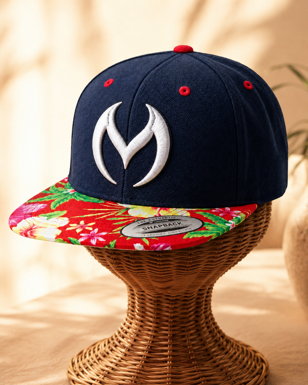 🌺🔥 Tropic Ember – Obsidian Vortex · White 3D puff · Navy Crown &amp; Tropical Floral Brim | Hand Finished in Dubai | EmbroMania