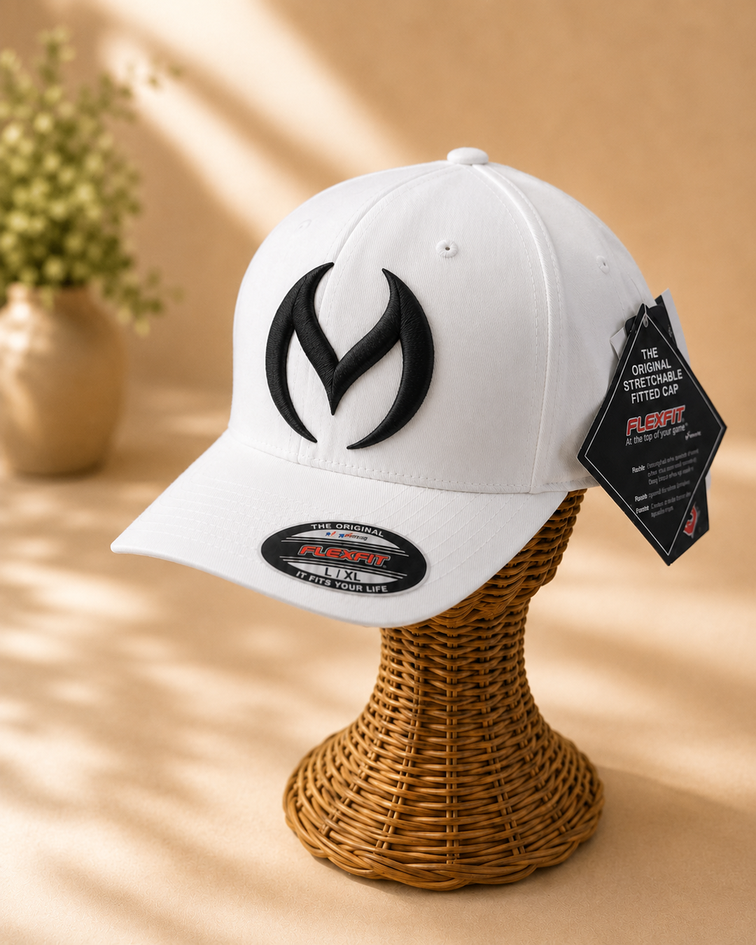☁️🔥 White Ember – Obsidian Vortex · Black 3D puff · White Solid Flexfit | Hand Finished in Dubai | EmbroMania