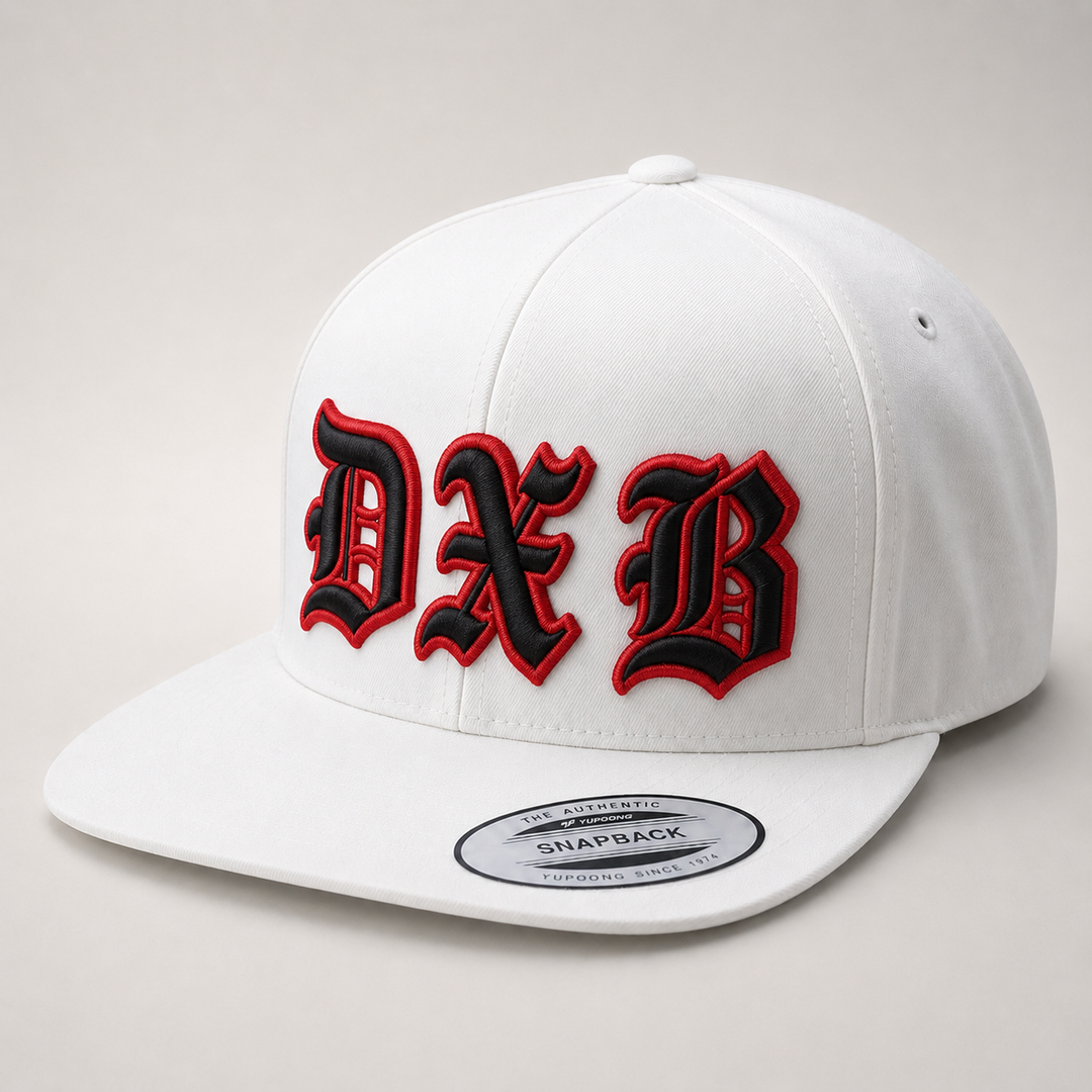 🔥 Black Red – Old English 3D Puff · Black fill · Red puff outline · All white structured snapback | Hand Finished in Dubai | EmbroMania