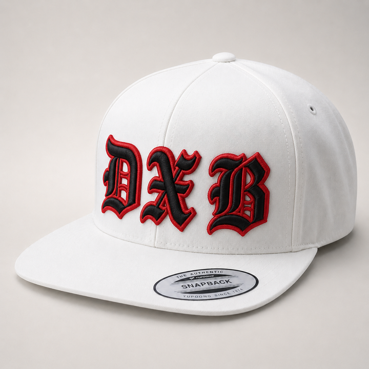 🔥 Black Red – Old English 3D Puff · Black fill · Red puff outline · All white structured snapback | Hand Finished in Dubai | EmbroMania