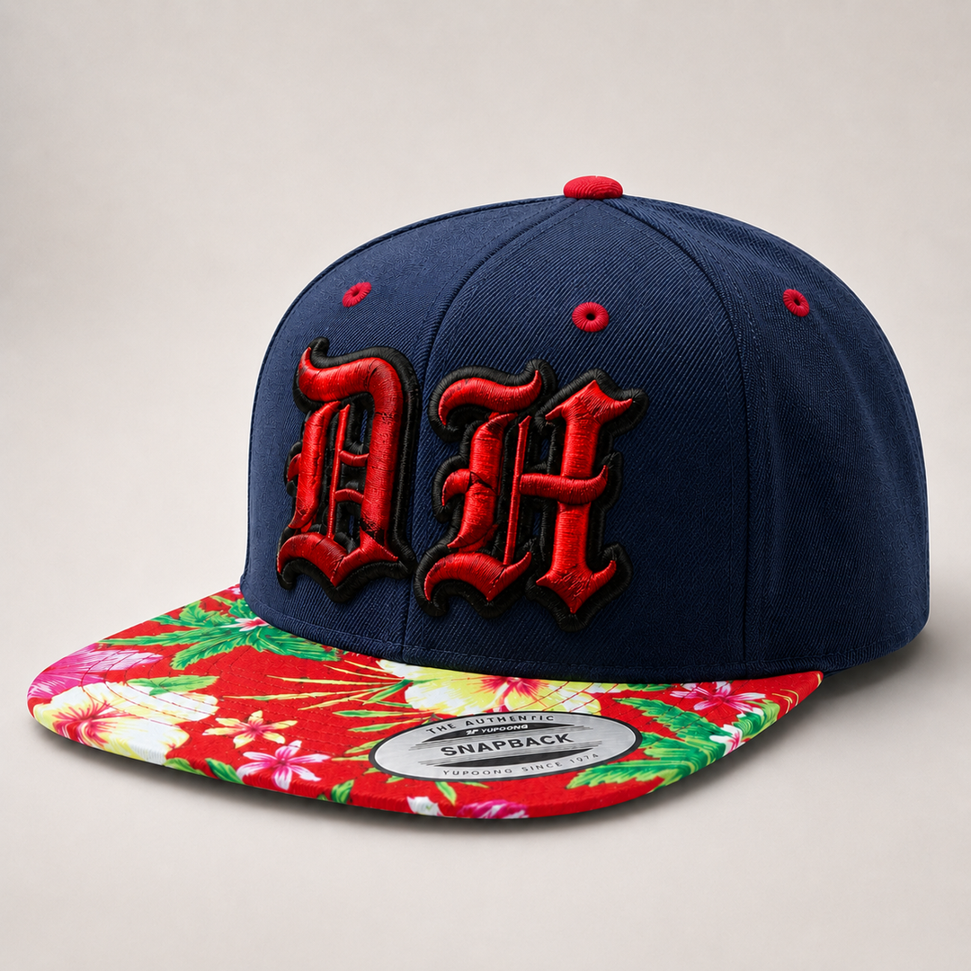 Old English 3D Puff Custom Cap – Black base with Red puff embroidery, Style 10 – 3D dimensional lettering on structured cap | Hand Finished in Dubai