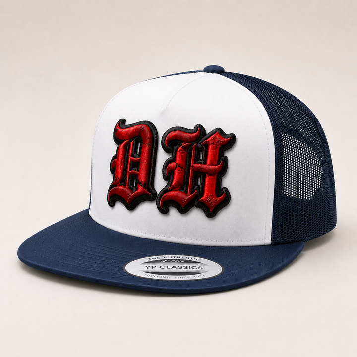 Old English 3D Puff Custom Cap – Black base with Red puff embroidery, Style 5 – 3D dimensional lettering on structured cap | Hand Finished in Dubai