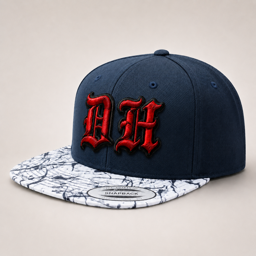 Old English 3D Puff Custom Cap – Black base with Red puff embroidery, Style 6 – 3D dimensional lettering on structured cap | Hand Finished in Dubai
