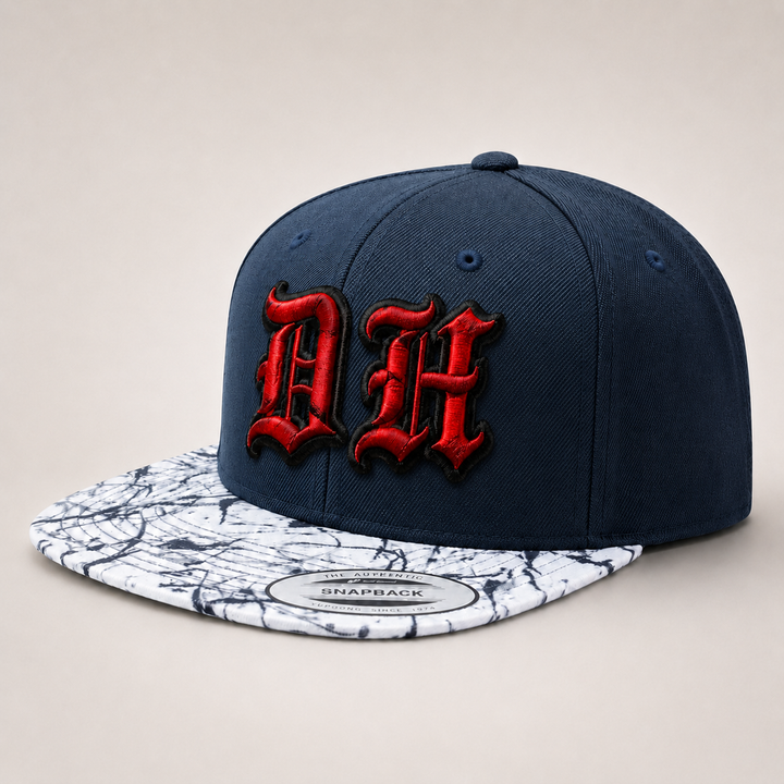 Old English 3D Puff Custom Cap – Black base with Red puff embroidery, Style 6 – 3D dimensional lettering on structured cap | Hand Finished in Dubai