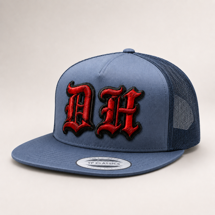 Old English 3D Puff Custom Cap – Black base with Red puff embroidery, Style 7 – 3D dimensional lettering on structured cap | Hand Finished in Dubai