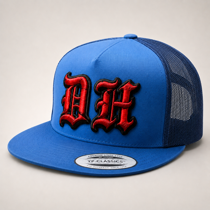 Old English 3D Puff Custom Cap – Black base with Red puff embroidery, Style 9 – 3D dimensional lettering on structured cap | Hand Finished in Dubai