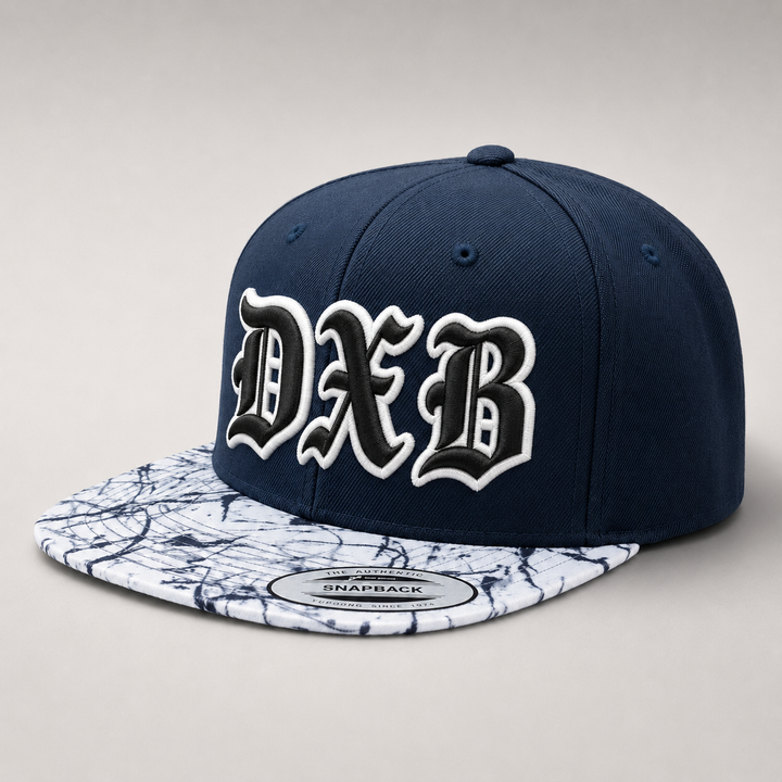 🌑 Black White – Old English 3D Puff · Black fill · White puff outline · Navy crown marble brim | Hand Finished in Dubai | EmbroMania