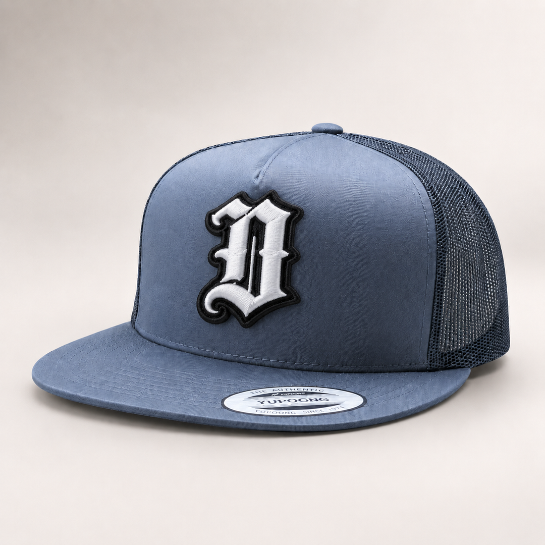 Old English 3D Puff Custom Cap – Black base with White puff embroidery, Style 4 – 3D dimensional lettering on structured cap | Hand Finished in Dubai