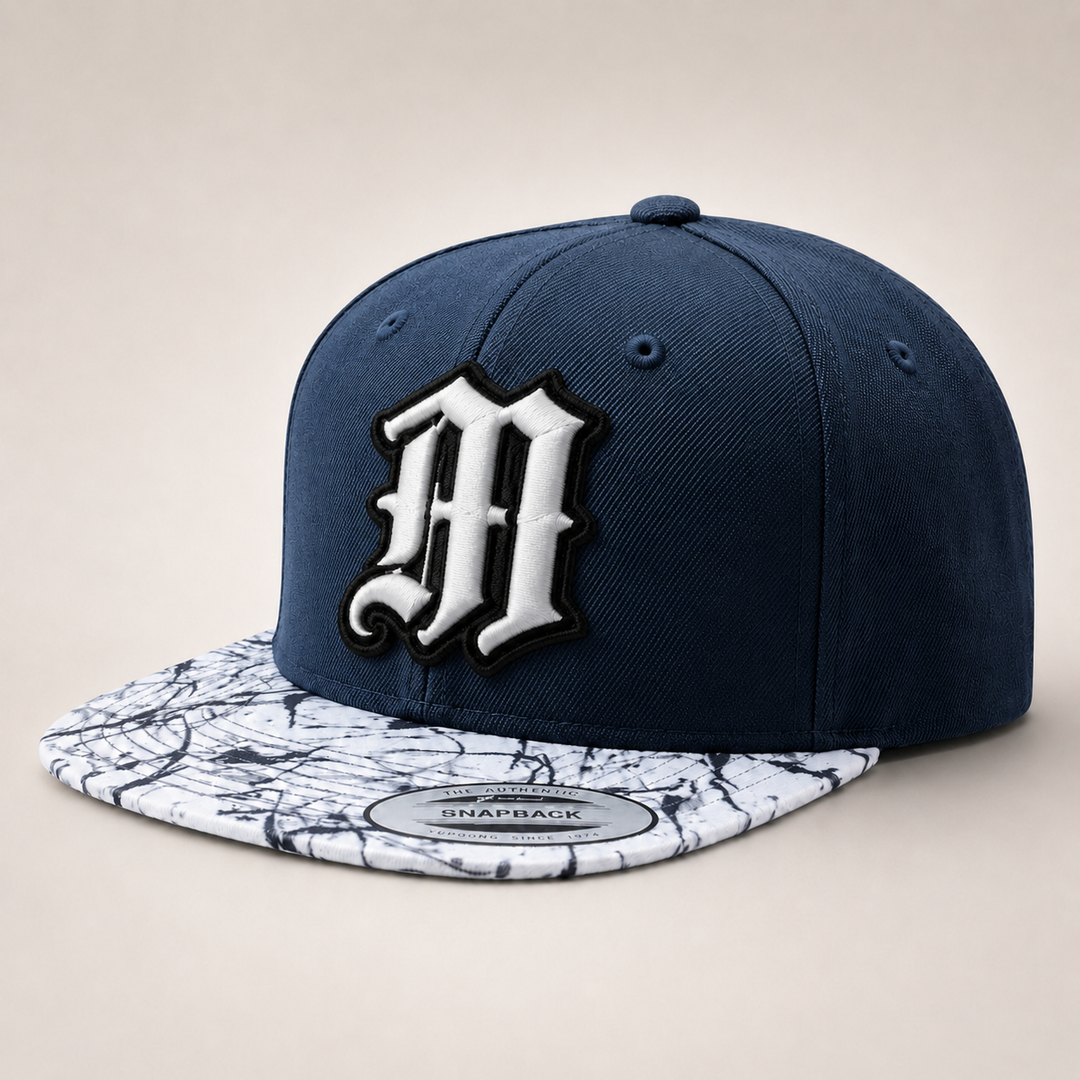 Old English 3D Puff Custom Cap – Black base with White puff embroidery, Style 9 – 3D dimensional lettering on structured cap | Hand Finished in Dubai