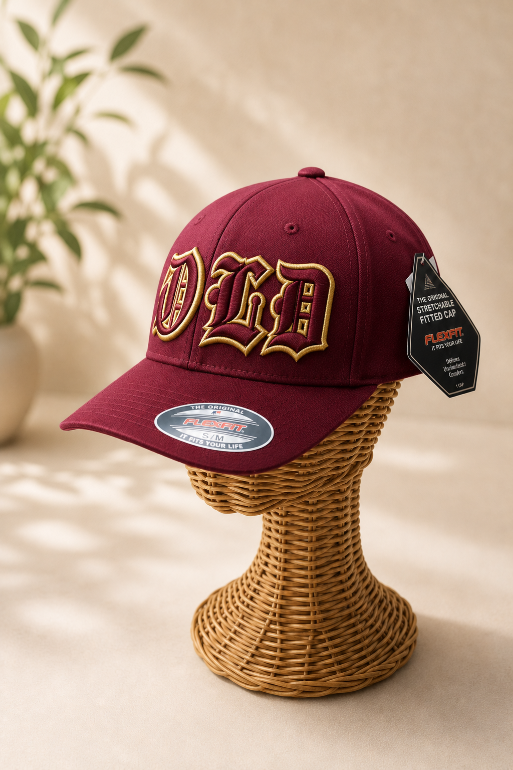🍷 Burgundy Gold – Old English 3D Puff · Burgundy fill · Gold puff outline · Burgundy Flexfit curved | Hand Finished in Dubai | EmbroMania