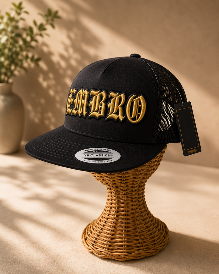 👑 Gold Black – Old English 3D Puff · Gold fill · Black puff outline · Black flat trucker | Hand Finished in Dubai | EmbroMania