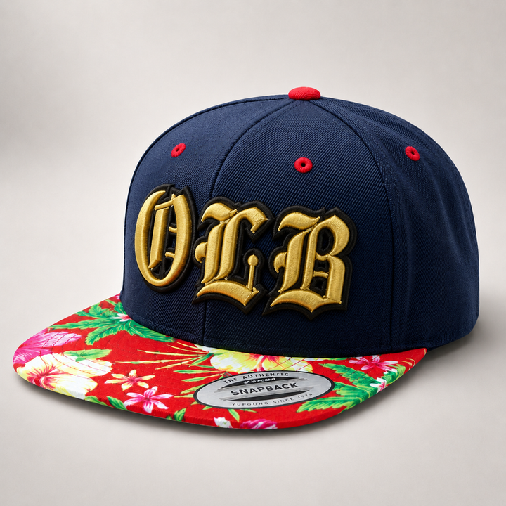 👑 Gold Black – Old English 3D Puff · Gold fill · Black puff outline · Navy crown tropical floral brim | Hand Finished in Dubai | EmbroMania