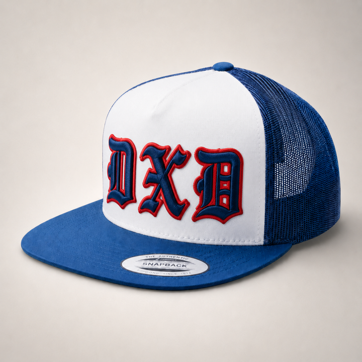 🔵 Navy Red – Old English 3D Puff · Navy fill · Red puff outline · Royal blue white flat trucker | Hand Finished in Dubai | EmbroMania