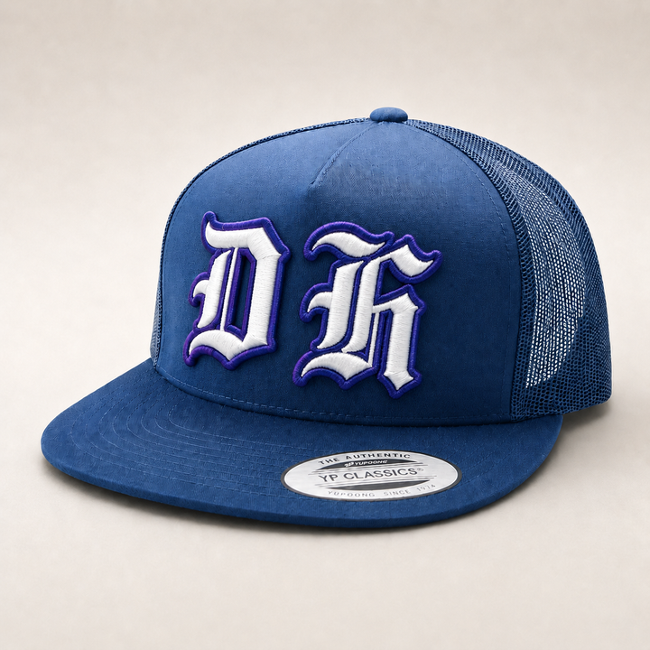 Old English 3D Puff Custom Cap – Navy base with White puff embroidery, Style 8 – 3D dimensional lettering on structured cap | Hand Finished in Dubai