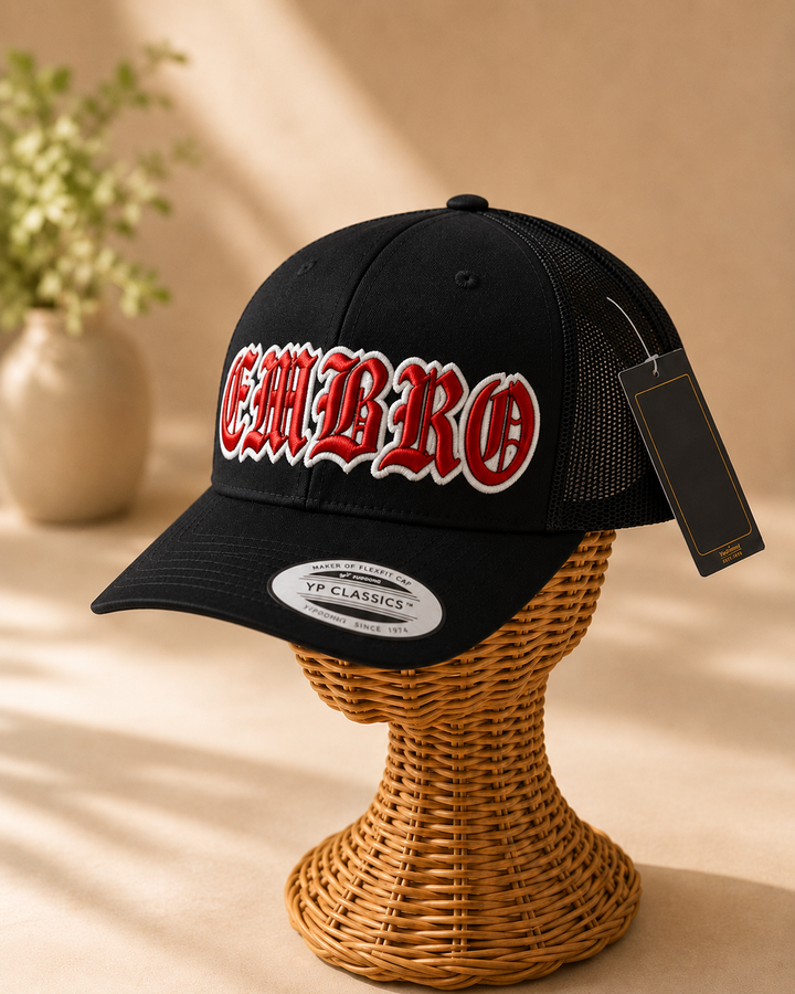 ⚡ Red White – Old English 3D Puff · Red fill · White puff outline · Black curved trucker | Hand Finished in Dubai | EmbroMania
