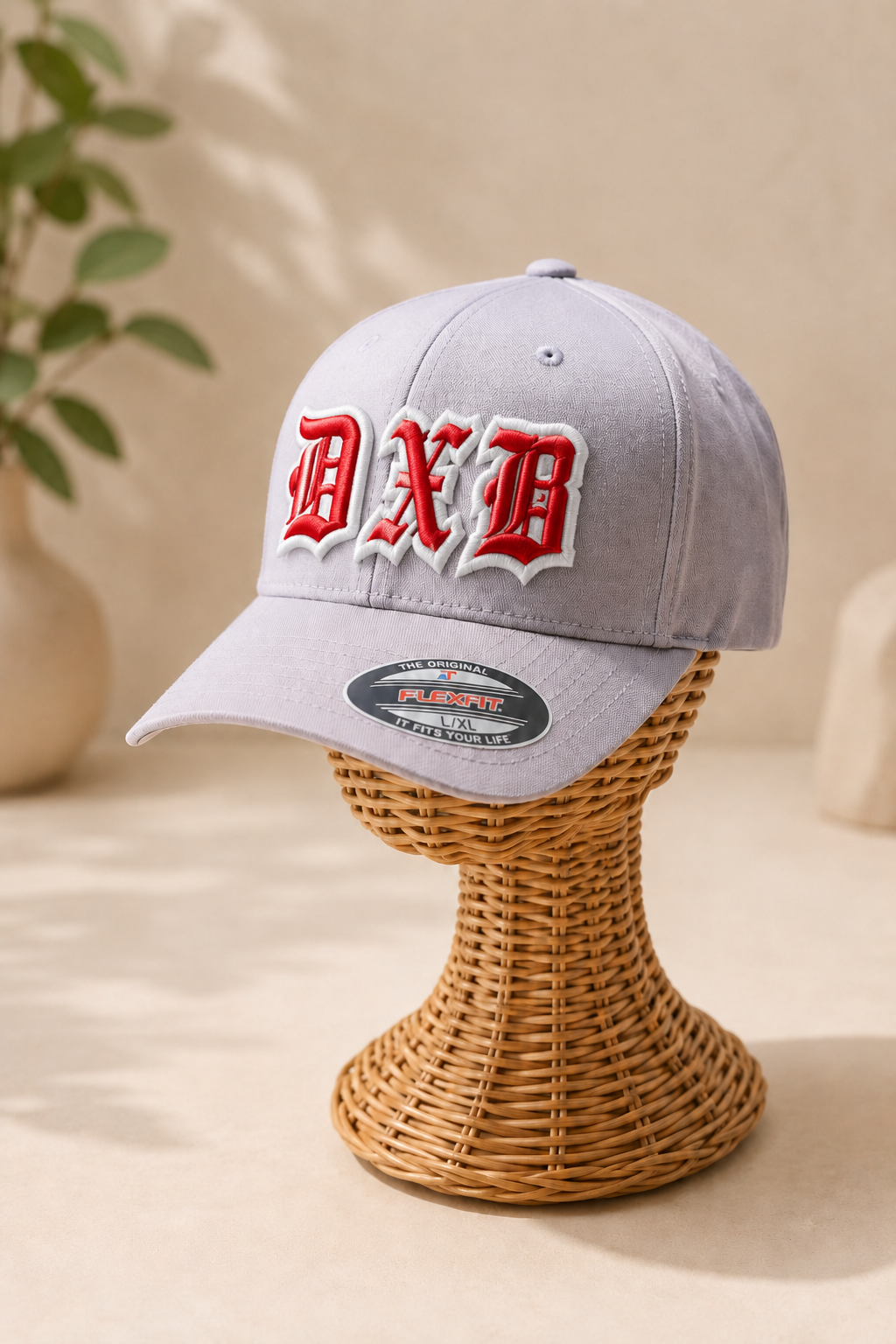 ⚡ Red White – Old English 3D Puff · Red fill · White puff outline · Light grey Flexfit curved | Hand Finished in Dubai | EmbroMania
