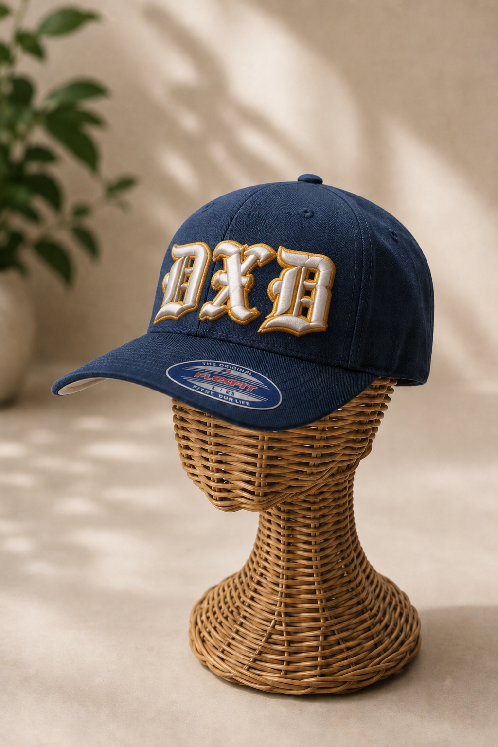 ✨ White Gold – Old English 3D Puff · White fill · Gold puff outline · Navy Flexfit curved | Hand Finished in Dubai | EmbroMania