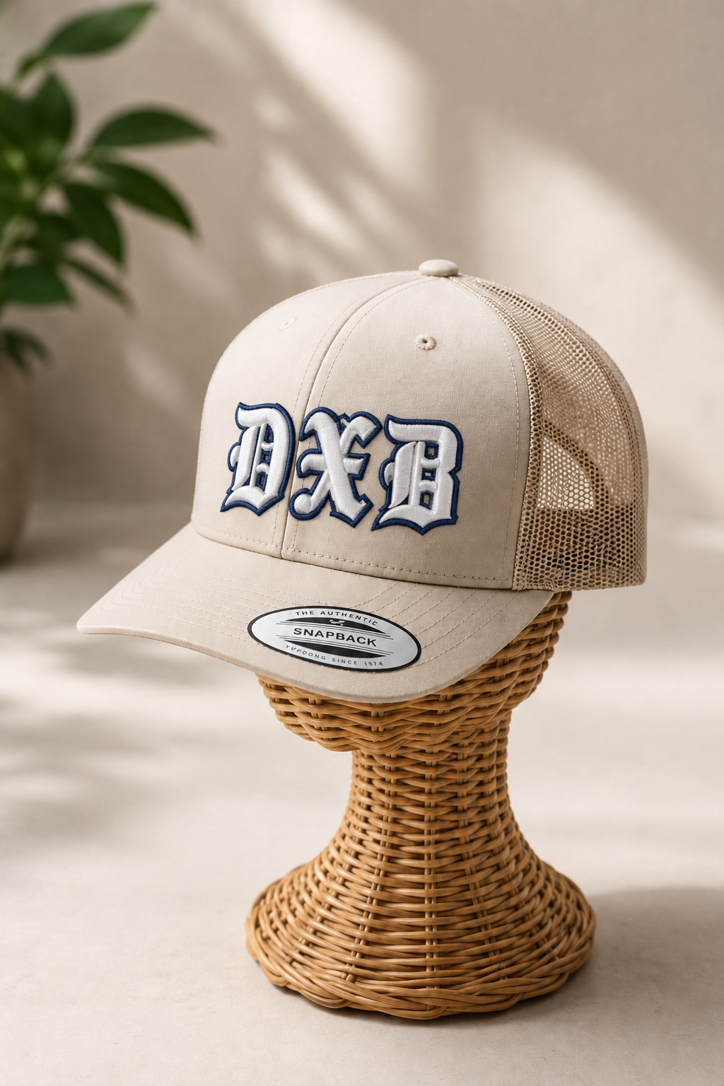 🌊 White-Navy – Old English 3D Puff · White fill · Navy puff outline · Sand beige retro trucker | Hand Finished in Dubai | EmbroMania