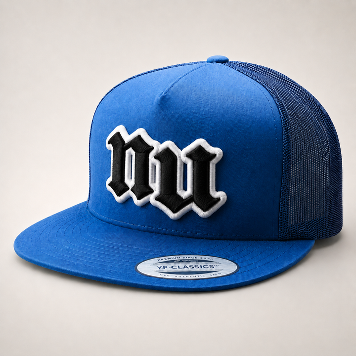 Old English 3D Puff Custom Cap – White base with Navy puff embroidery, Style 2 – 3D dimensional lettering on structured cap | Hand Finished in Dubai