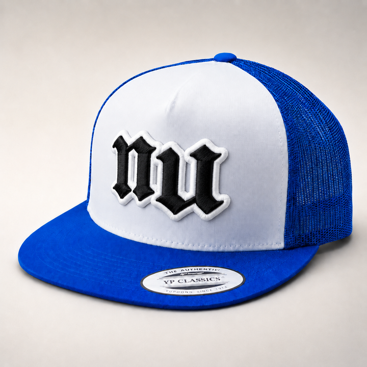 Old English 3D Puff Custom Cap – White base with Navy puff embroidery, Style 3 – 3D dimensional lettering on structured cap | Hand Finished in Dubai