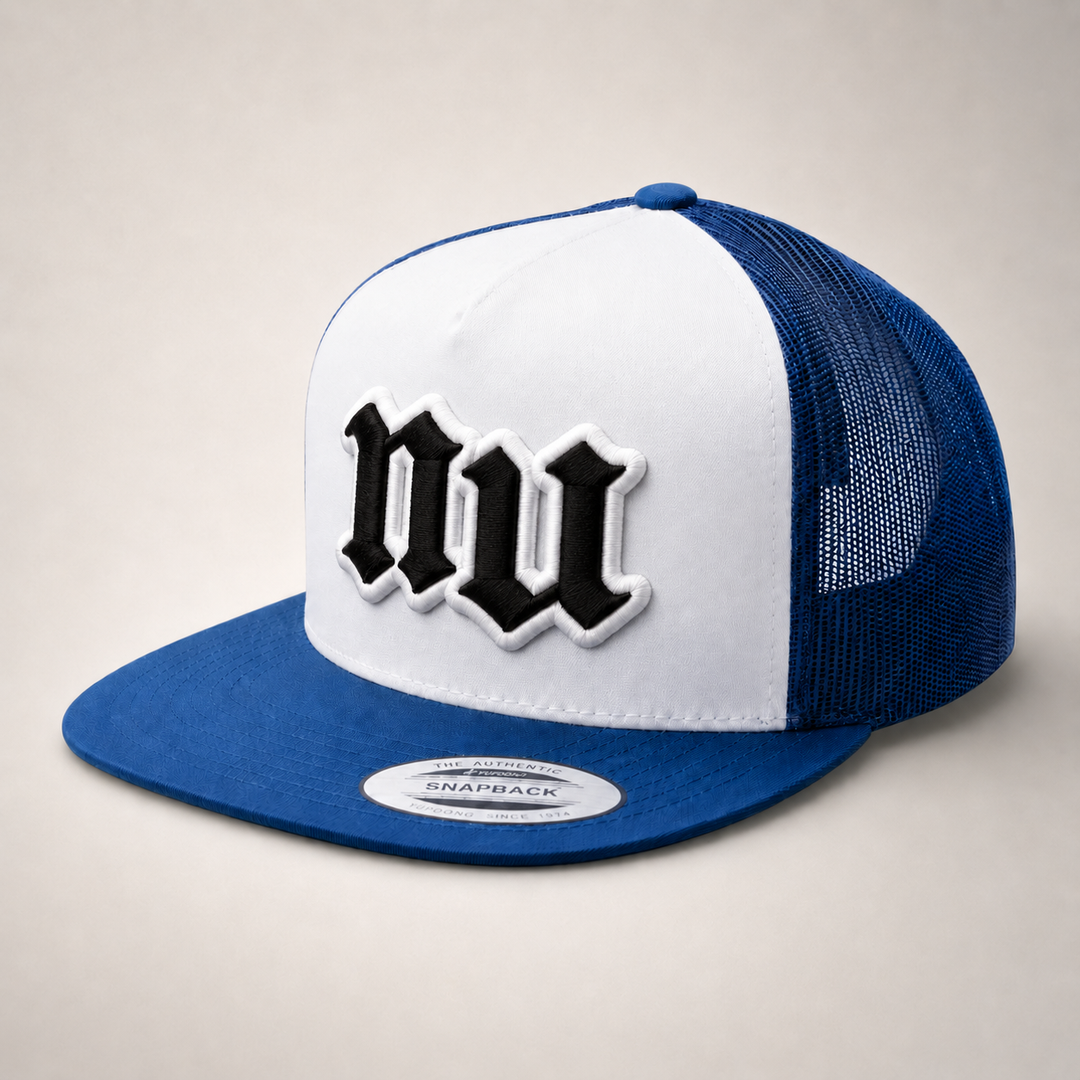 Old English 3D Puff Custom Cap – White base with Navy puff embroidery, Style 4 – 3D dimensional lettering on structured cap | Hand Finished in Dubai