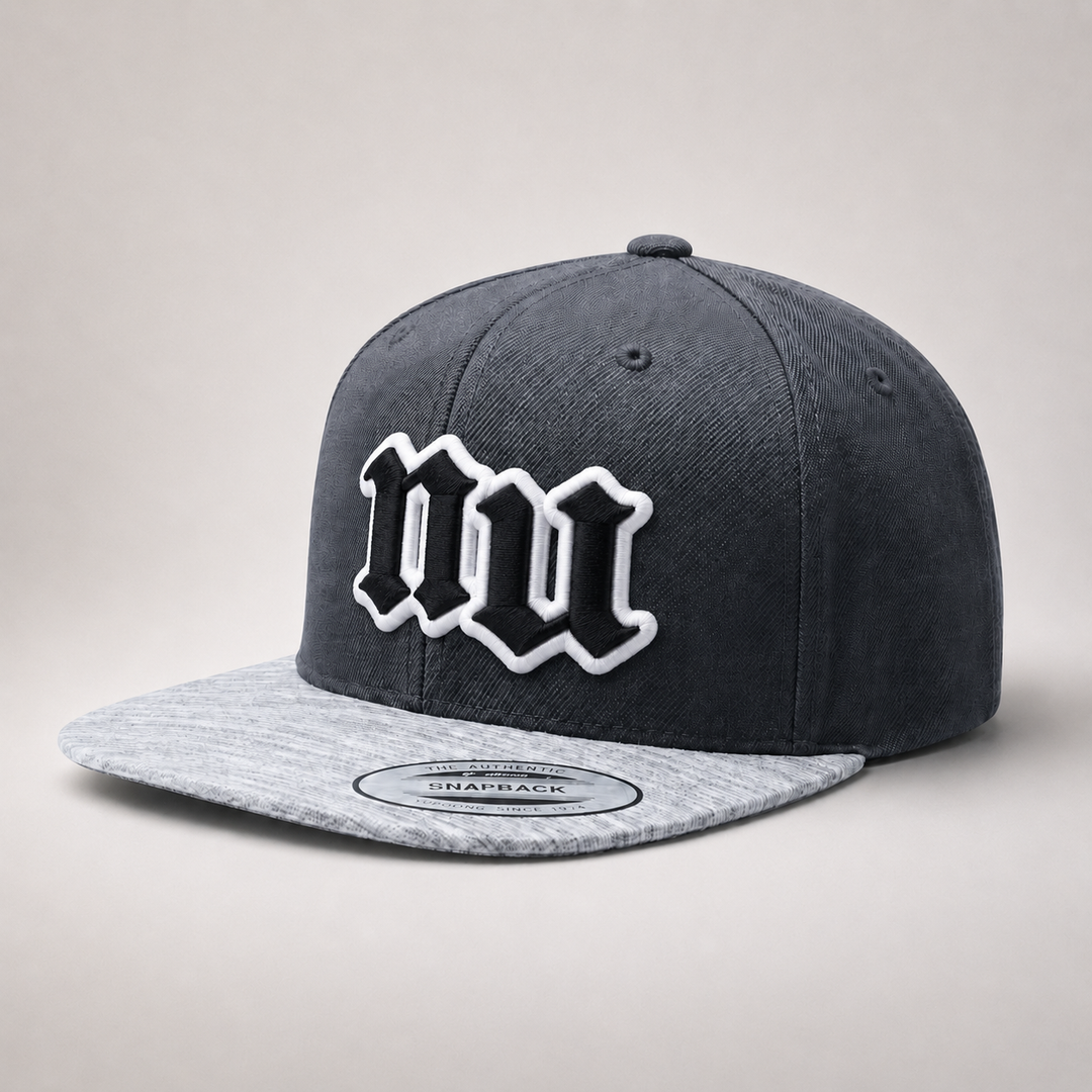 Old English 3D Puff Custom Cap – White base with Navy puff embroidery, Style 7 – 3D dimensional lettering on structured cap | Hand Finished in Dubai