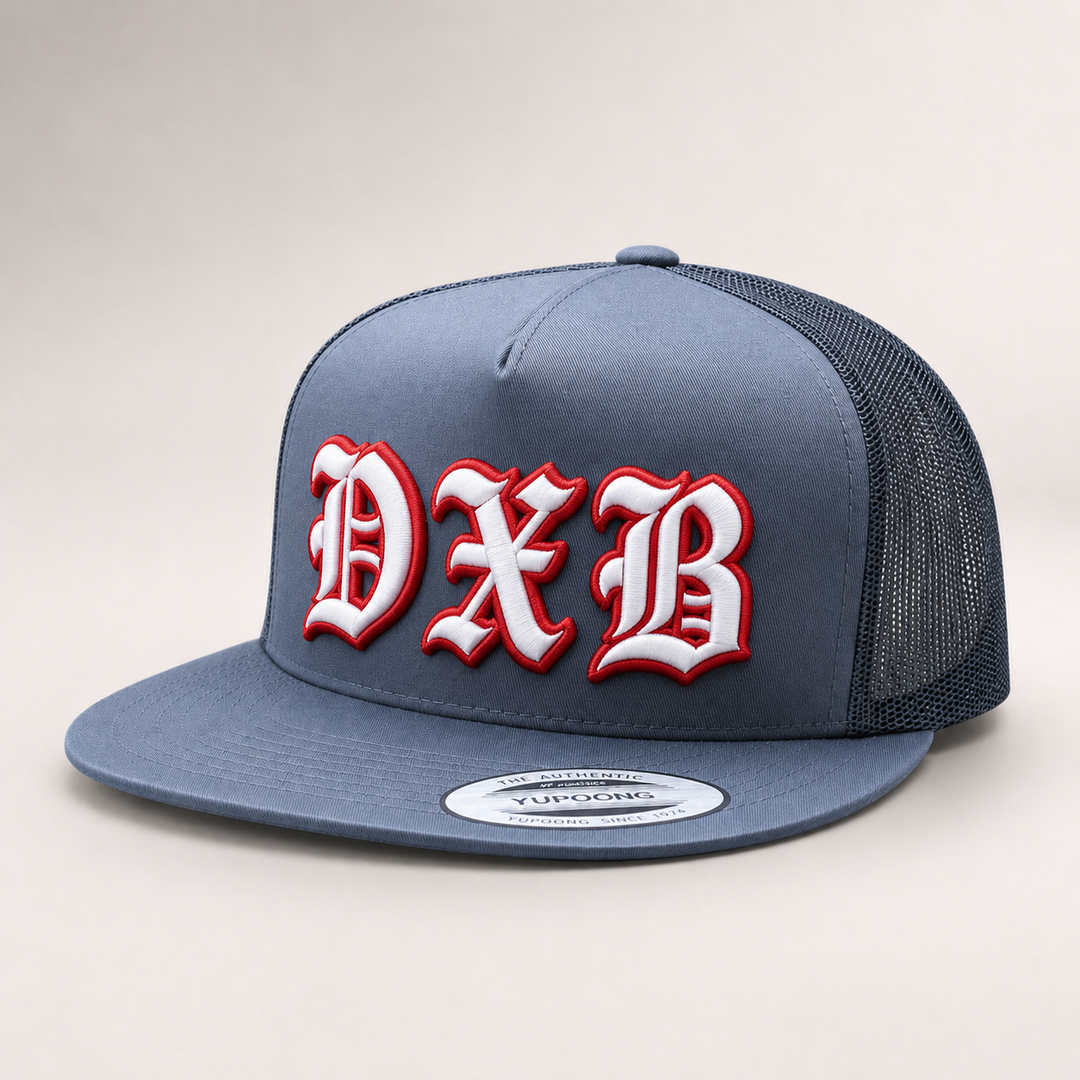 🌹 White Red – Old English 3D Puff · White fill · Red puff outline · Slate grey flat trucker | Hand Finished in Dubai | EmbroMania