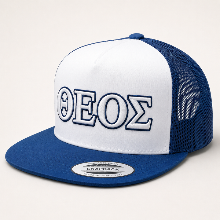⚪🔵 Aegean Frost – Olympus Greek 3D Puff · White fill · Navy outline · White/Navy Two-Tone Trucker | Hand Finished in Dubai | EmbroMania