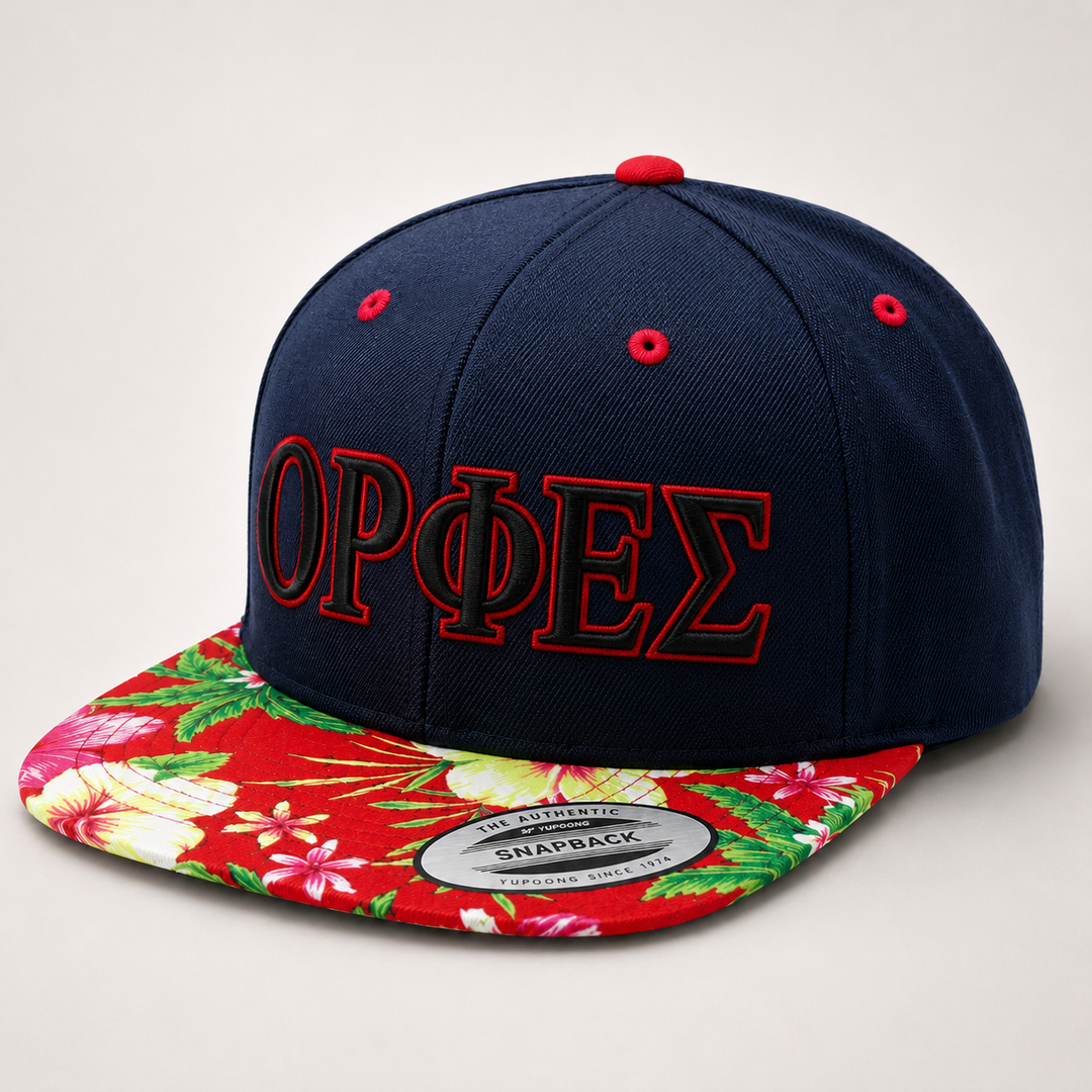 ⚫🔴 Dark Olympus – Olympus Greek 3D Puff · Black fill · Red outline · Navy Floral Brim Snapback | Hand Finished in Dubai | EmbroMania