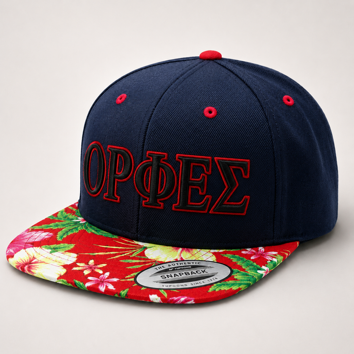 ⚫🔴 Dark Olympus – Olympus Greek 3D Puff · Black fill · Red outline · Navy Floral Brim Snapback | Hand Finished in Dubai | EmbroMania