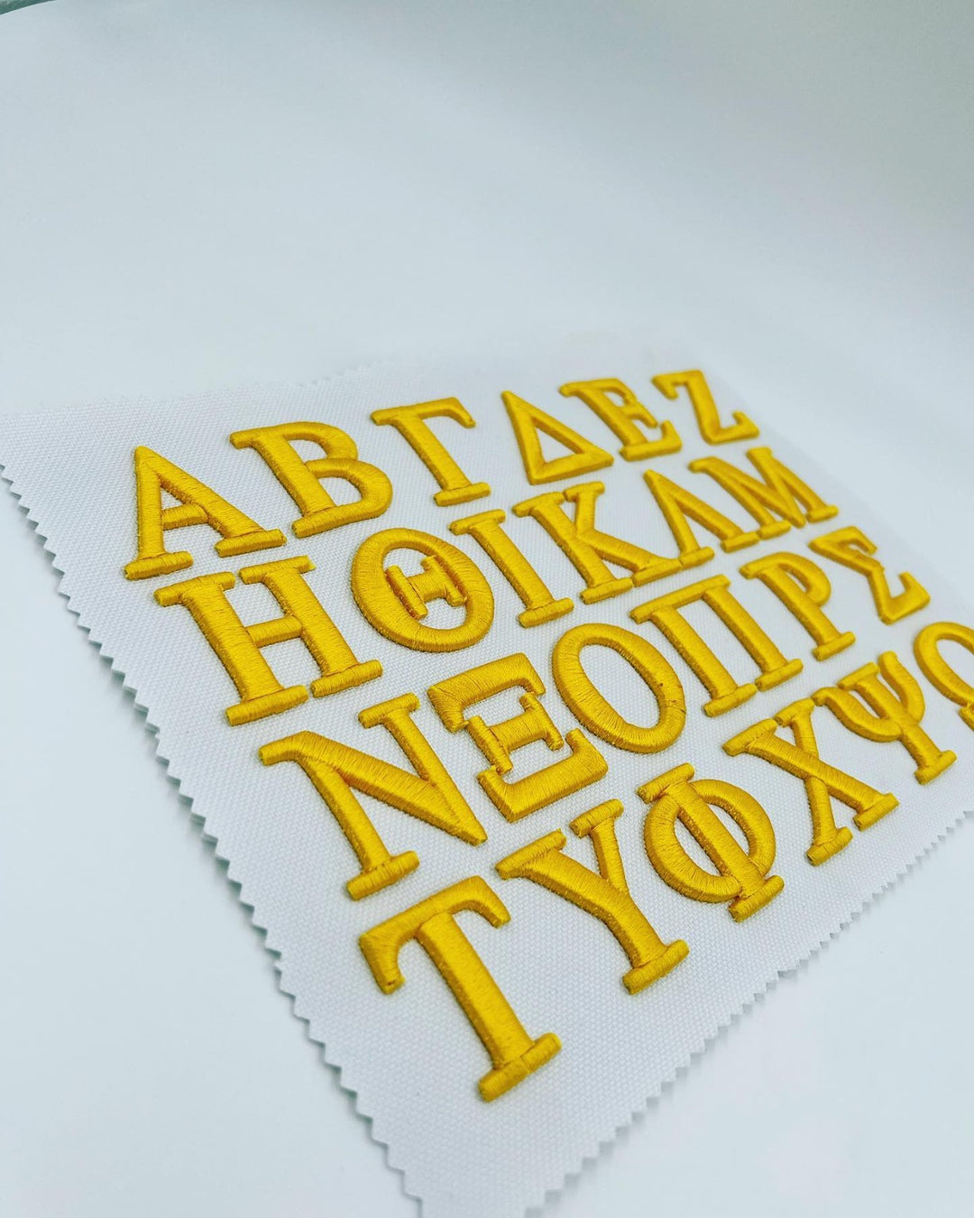 Olympus Greek 3D Puff – Full Greek Alphabet A–Ω · Gold Thread · Complete Letter Reference Sheet on Fabric | Hand Finished in Dubai | EmbroMania