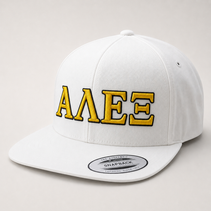 🟡⚫ Golden Athens – Olympus Greek 3D Puff · Gold fill · Black outline · White Snapback | Hand Finished in Dubai | EmbroMania